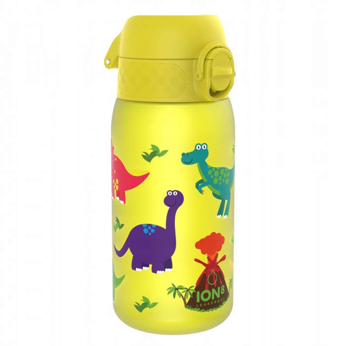 Bezpieczna Dziecięca Butelka na wodę 400 ml Szczelny Bidon na wodę dla dzieci do szkoły 0,4l ION8 Żółta Dinozaury